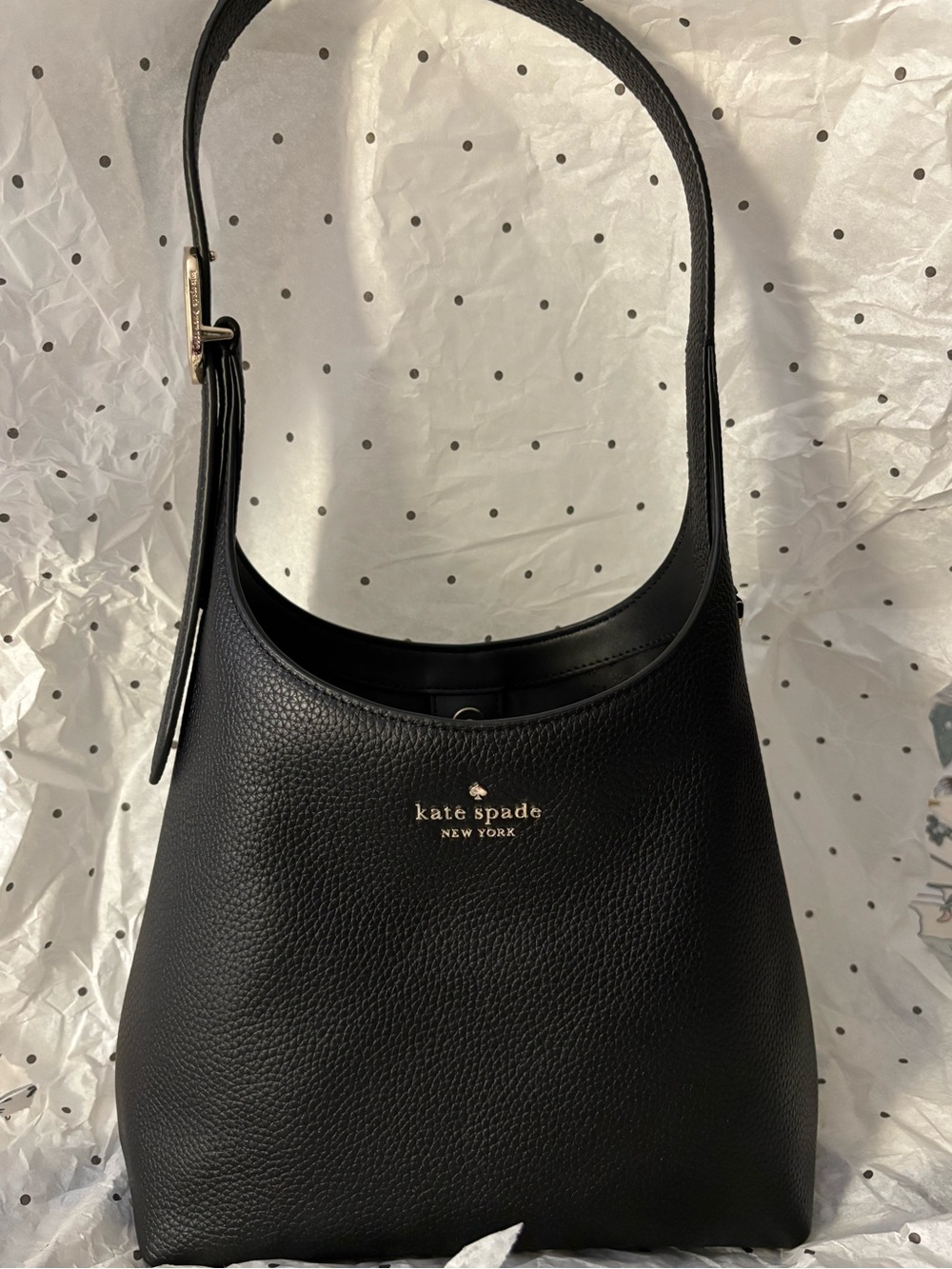 kate spade Black Pebbled Leather Shoulder Bag with Gold Logo